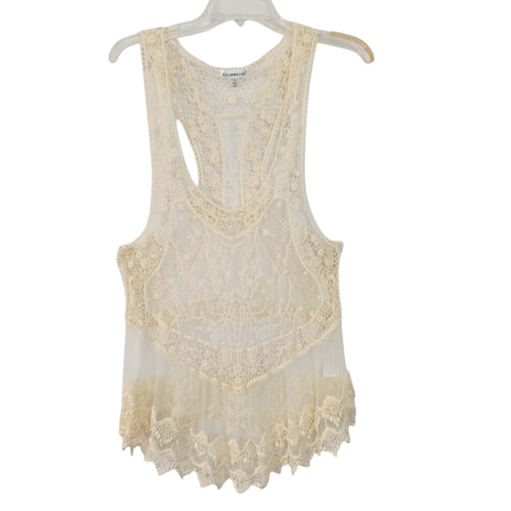 Roommates Crochet Mesh Top Women's Sz L Ivory Sleeveless Embroidered Sheer Boho